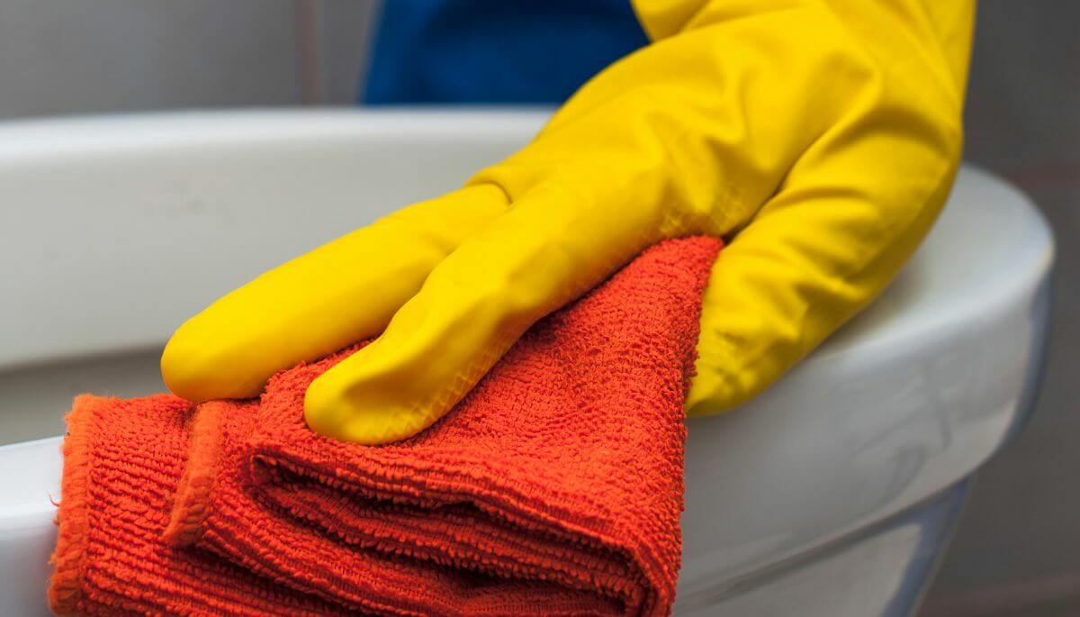 Person wearing vinyl gloves and wiping toilet with toilet rags